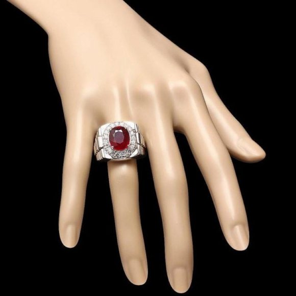 7.70Ct Natural Red Ruby and Diamond 14k Solid White Gold Men's Ring - Picture 4 of 4